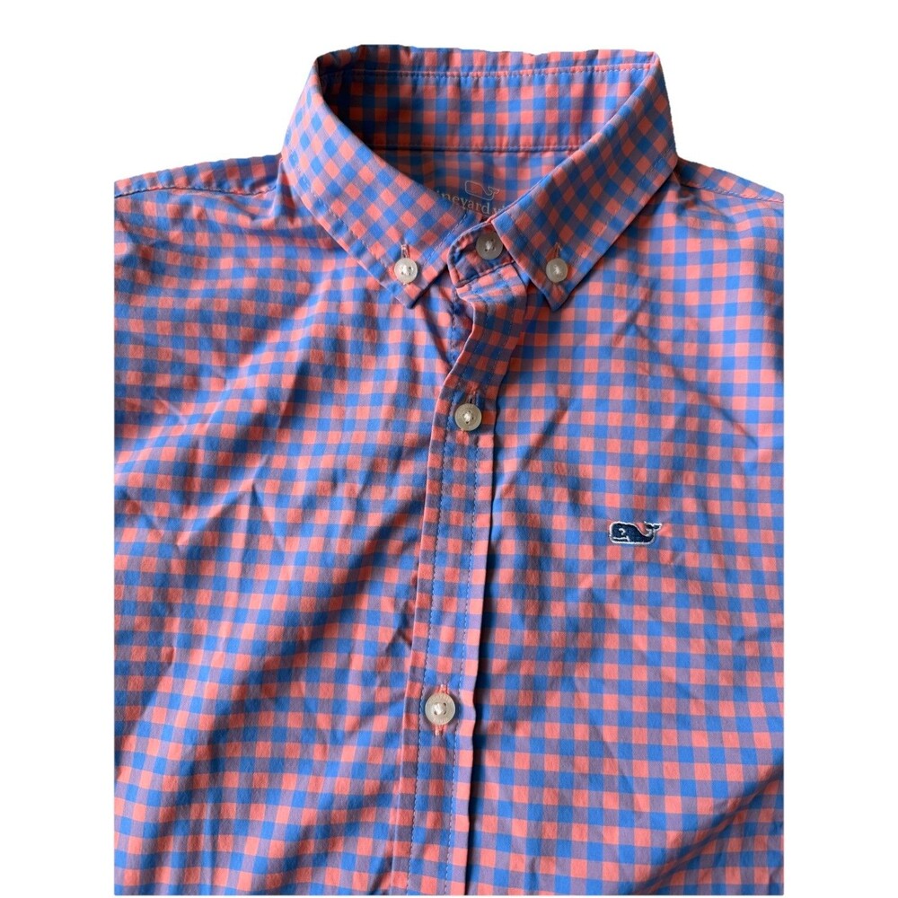 Vineyard Vines Shirt Blue Gingham Performance Button Down Stretch Youth S 8/10